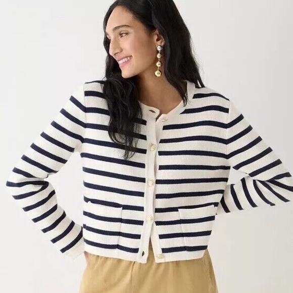 Jcrew Emilie Patchpocket Sweater Lady Jacket In Stripe - S - Ivory Navy - Picture 2 of 6